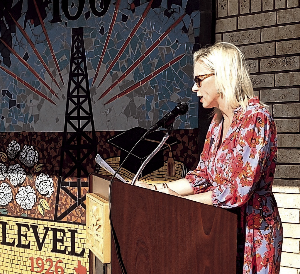 CENTENNIAL MOSAIC - Mayor Breann Buxkemper was joined by city administration, Chamber of Commerce and residents to dedicated the Levelland Centennial Mosaic in celebration of Levelland’s 100th birthday. Buxkemper read a proclamtion in recognition of the event and special year.