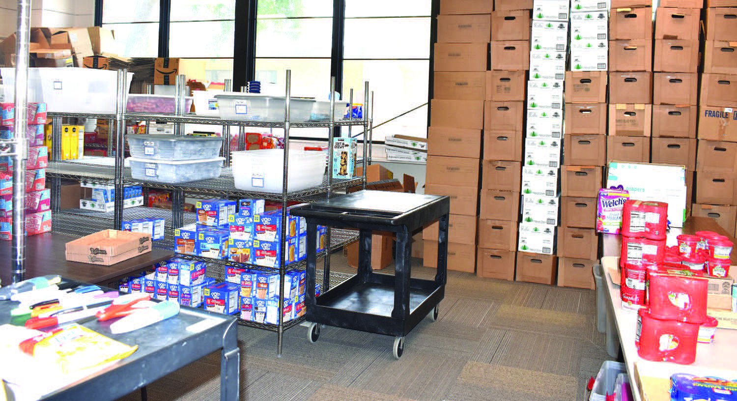 FOOD DONATIONS – Pictured are food donations for Bill’s Backpacks. The nonprofit collects, organizes, and distributes food to children in need at LISD campuses. (Staff Photo by Ada Niederhauser)