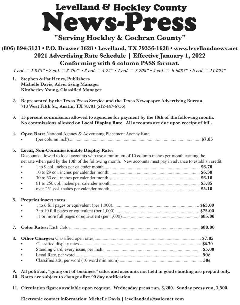 2022 Rate Sheet