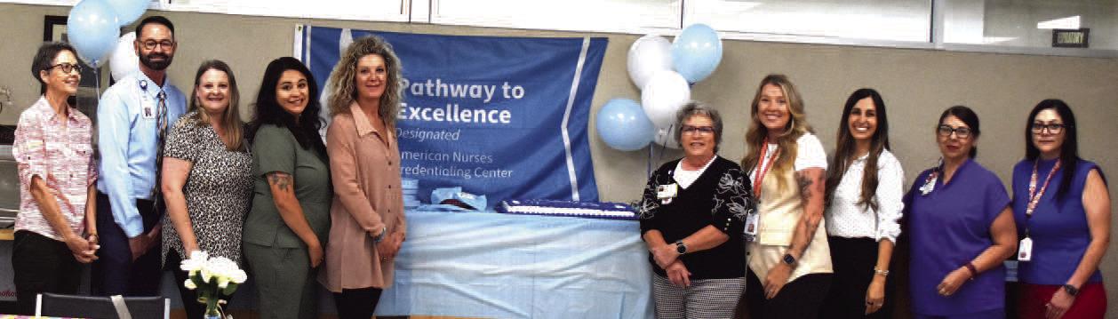 PATHWAY TO EXCELLENCE - Covenant Health in Levelland recently celebrated earning the American Nurses Credentialing Pathway to Excellence designation. Shown are Becky Currington, board member, Newman Wheeler, CAO, Kim Henry, RN, Erica Hernandez, Brooke Barrett, RN, Leslie Hackett, RN, CNO, Autumn Horne, RN, Amanda Tienda, RN, Jenny Ramos, RN and Norma Rubalcava.