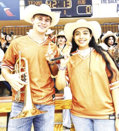 LONGHORN BAND - Two former Levelland High School students, Michelle Bustillos, LHS Class of 2024, and Nathan Ellis, LHS Class of 2026, have continued their love for music at the University of Texas at Austin. Both members of the UT Pep Band. Bustillos is also a member of the UT Longhorn Band, one of UT’s most recognized organizations. The two students are balancing college academics with rehearsals, performances, and the commitment that comes from the organizations. (submitted photo)