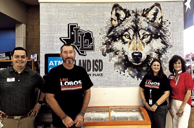 Uniting Community - United Supermarkets recently put Levelland ISD and South Plains College on their wall for shoppers to see and as a reminder that schools and community are truly connected. Shown are United Manager Lance Gonzalez, LMS Assistant Principals Bradley Brunson and Mandy Leach, and LISD PR Specialist Cristal Isaacks.