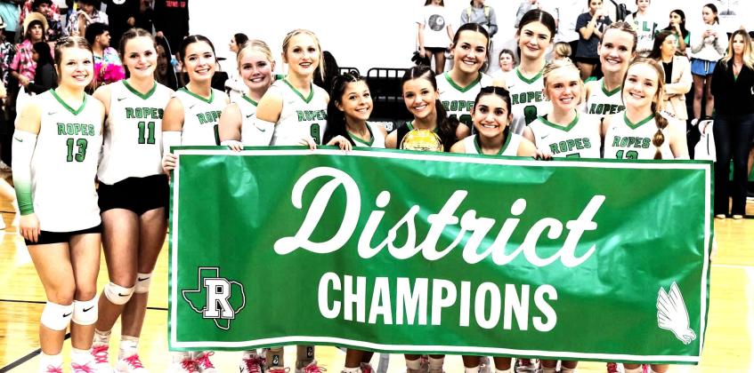 Ropes Lady Eagles (29-9, 7-0) captured the District title and are playoff bound. The team has a recent winning streak of 17 games. Team members include Addie Falls, Marlee, Molina, Brooklyn Hogg, Vivian Gallegos, Braedyn Reyna, Allye Bandy, Jaylee Blair, Brylee Lauderdale, Lily Greer, Annabelle Falls, Sydney Brooks, Kinley Nale, and Kambry Turner. Head coach for the Lady Eagles is Jolee Wilson, with assistant coaches Skylar Herrera and Rebecca Castillo. (photo by Donovan Martin)