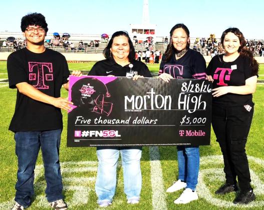 Morton ISD received a $5,000 award for participation in the T-Mobile Friday Night Light 5G Lights Sweepstakes contest. Points were earned as students, staff, families, alumni and community members posted, shared and used the hashtags for the contest. The contest isn’t over as the school continues to compete for a $1 million football stadium makeover.