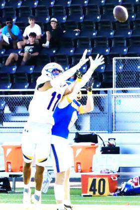 PUTTING IN THE EFFORT - Whiteface Antelope Cesar Chavez goes for the interception against Bryson on Friday night. (Photo by Holly Crutcher)