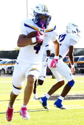 GAINING YARDAGE - Whiteface Antelope Jaxon Hodge on a carry against Bryson in the first game of the season leading to a big win . (Photo by Holly Crutcher)