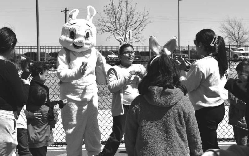 PETER COTTON TAIL- Peter Cotton Tail spent time taking pictures with the children from the Levelland ABC School on Wednesday at the Hip Hop Event at the Lobo Stadium. (Staff photo by Emily Campos)