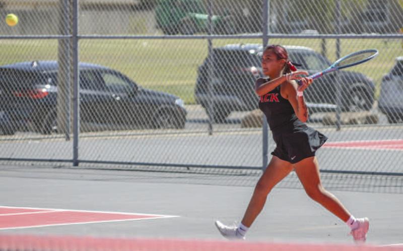 QUICK RETURN - The LHS Varsity Tennis team concluded their homestand against Seminole last Saturday and Shallowater this past Tuesday. Pictured is Dani Muniz returning a ball against Seminole that required her to do so on the run during her doubles match. The team took their talents on the road Saturday to face off against All Saints at the Burgess-Rushing Tennis Center. (Staff photo by Dom Puente)