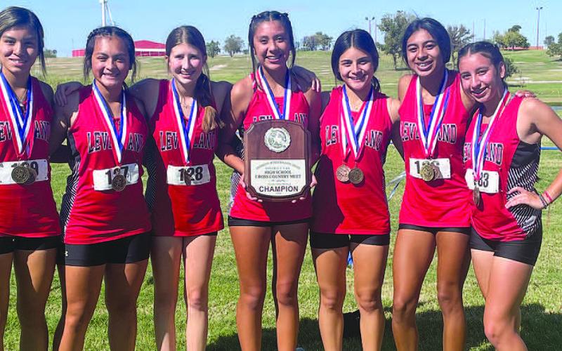 The Levelland Loboette varsity cross country team were crowned district champs last Saturday at Mae Simmons. Pictured in no particular order are: Evelyn Mendias, Ariani Lopez, Ciarra Sanchez, Emily Ramirez, Kaydence Escarcega, Alanis Valderas and Tea Johnson. The Loboettes are coached by Nelda Munoz. The Loboettes will be running at the Regional Meet October 24th and 25th. (Photo Courtesy of Cristal Isaacks)