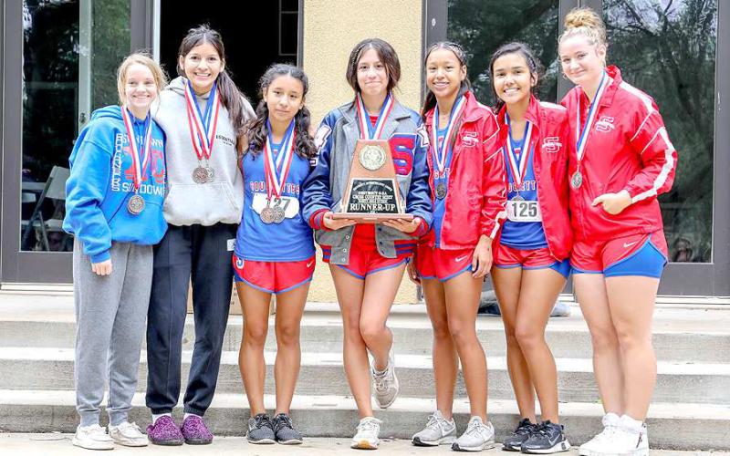 HEADED TO AREA- The Sundown Roughettes varsity cross country team placed second at the district meet in Yoakum County Park last weekend. Sundown’s season will continue at the area meet in Mae Simmons Park October 24th and 25th. (Photo Courtesy of Lisa Dalton)