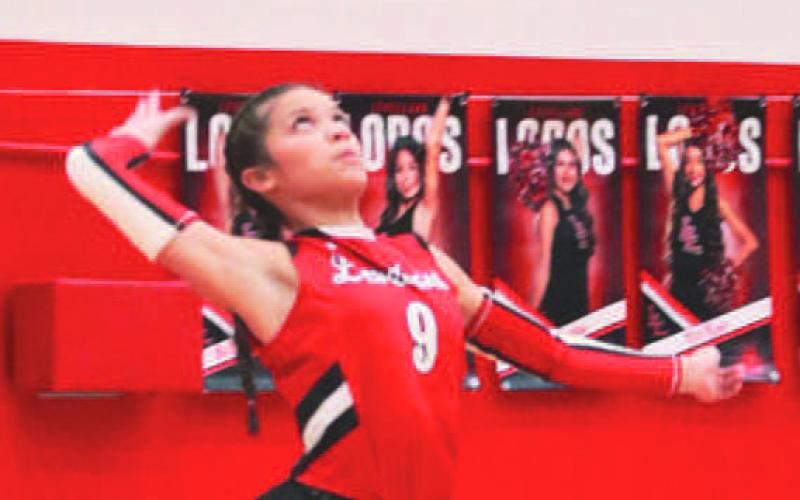 SERVE - Levelland Loboette Aubree Gaona served the ball during her team’s contest against the Littlefield Lady Cats this past Tuesday at home. (Staff photo by Aalijah Soliz)