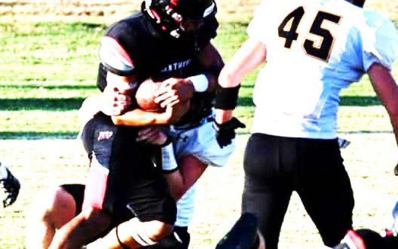 PANTHER ON THE MOVE - Whitharral Panther Daniel Rodriguez drives through the Happy defense.