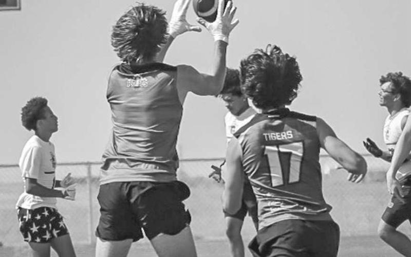 STRONG HANDS - Ropes Eagle Kolter Dockery snagged the ball out of the air during the team’s 7 on 7 game against the Snyder Tigers in New Home this Monday. (Staff photo by Aalijah Soliz)