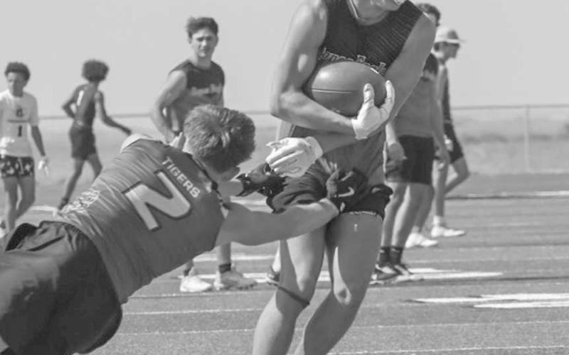 JUKED OUT - Ropes Eagle Branson Simental juked out his defender during the team’s 7 on 7 game against the Snyder Tigers this Monday in New Home. (Staff photo by Aalijah Soliz)