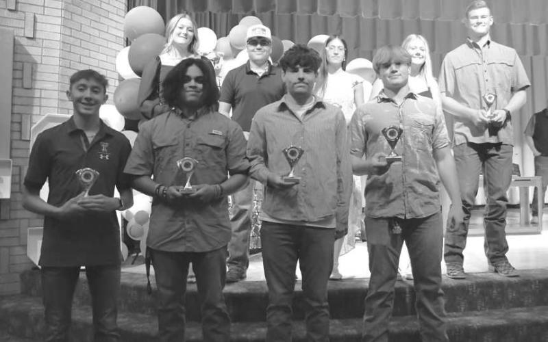 3 YEAR LETTERMAN - Smyer High School honored the three-year lettermen at their athletic awards ceremony on Monday, May 13 in the high school auditorium. Pictured left to right are top row: Maegan Smith, Jose Parades, Berenicce Lara, Ella Kirkland, Brayden Wade. First row: Micah Zapata, Matheu Corder, Kaden Price, Preston Moore. (Photo courtesy of Jay Kelley)