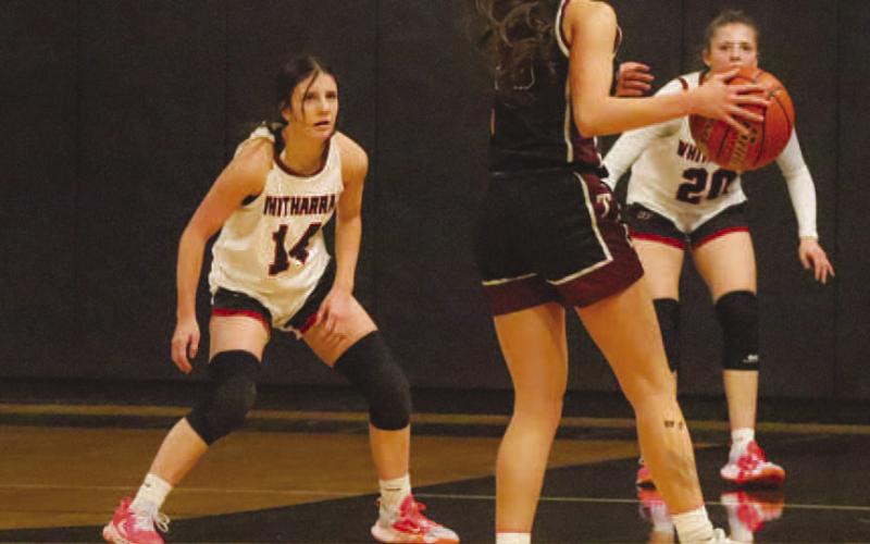 BRICK WALL - Whitharral Panther Paige Smith was locked in on her matchup during the team’s last game of the season in Vega. (Staff photo by Aalijah Soliz)