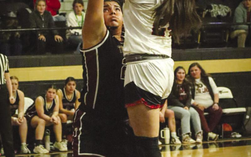 TOO BIG - Whitharral Panther Valeria Frias shot the ball over the defender during the team’s last game of the season against Texline in Vega. (Staff photo by Aalijah Soliz)