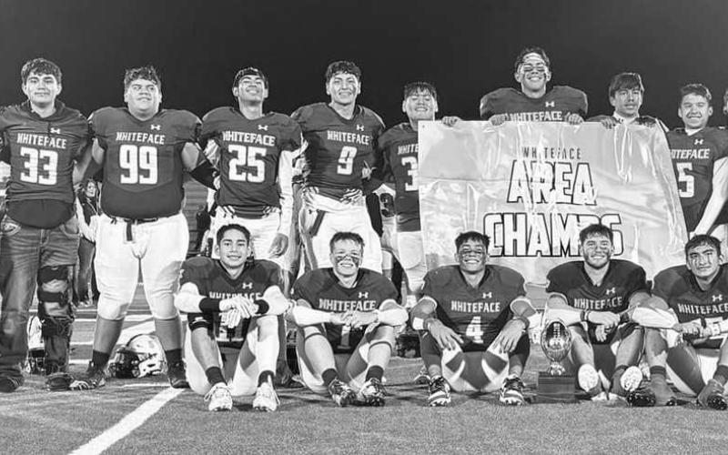 AREA CHAMPS - The Whiteface Antelopes are UIL Class 1A-1 Region 1 High School Six-man Football Area Champions after a 66-16 shellacking of the Booker Kiowas on Nov. 22 in Tulia. The Antelopes are in Lockney tonight at 6 p.m. taking on the Borden County Coyotes in the regional quarterfinals. (Photo by Holly Crutcher)