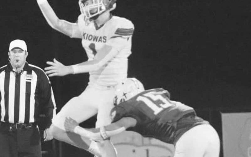 SACKED - Auscar Gandara rushed Booker’s quarterback in a 66-16 Whiteface Antelope win over the Booker Kiowas in UIL Class 1A six-man high school football area round action in Tulia on Nov. 22. Gandara and the Antelopes held Booker to 144 yards passing with two interceptions and will face Borden County in the quarterfinal round tonight at 6 p.m. in Lockney. (Photo by Holly Crutcher)