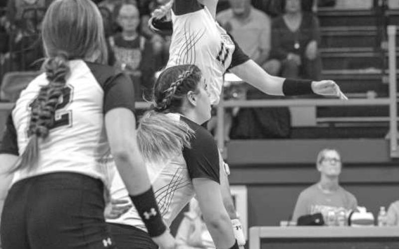 SPIKE - Ropes Lady Eagle Aubrey Bandy spiked the ball over the net in the teams playoff loss against the Tolar Lady Rattlers. (Photo courtesy of Donovan Martin)
