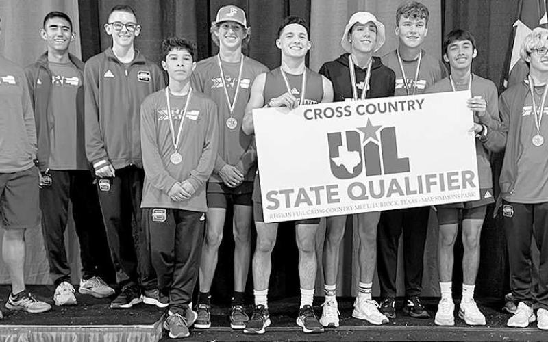 HEADED TO STATE- The Sundown Roughneck varsity cross country team qualified for the state meet. The state meet was held November 4th and 5th at Round Rock. pictured in no particular order are: Jaydith Shelton, Daniel Mauldin, Rolando Rivera, Hayden Powell, Branson Sanders, Koy Torres, Watson Evans, Edgar Carrion, Mathias Salga, coach Perez and coach Watson. (Photo Courtesy of Lisa Dalton)