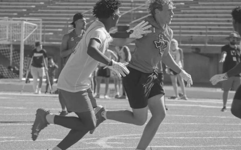 GREAT RELEASE - Levelland Lobo Kaden Brogden got off the press from the Coronado defender during the team’s 7 on 7 game this Monday in Lubbock. (Staff photo by Aalijah Soliz)