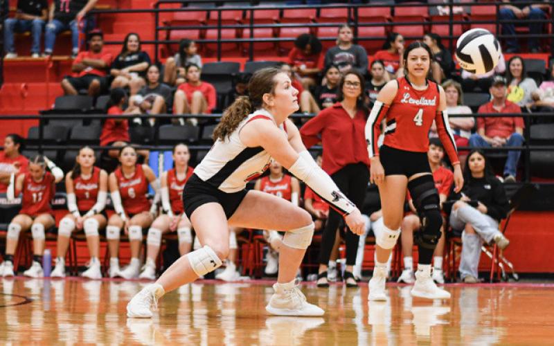CAN YOU DIG IT? - Freshman Lola Potter makes the dig on the volleyball for the Loboettes in a match against SA Lakeview this past Tuesday. Levelland would go on to sweep them 25-19, 30-28 and 26-24.