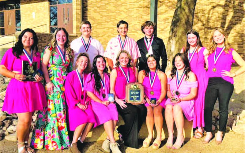 ROPES OAP WINS DISTRICT CHAMPIONSHIP-- Ropes High School One Act Play ensemble of cast, crew and directors won the District Championship and will advance to the Bi-District round. Awards earned included Best Technical Crew; Honorable Mention All-Star Cast, Madelyn Reeves; All-Star Cast, Peyton Sawyer and Abby Wyatt; and Best Performer, Aria Warren. (Ropes ISD photo)