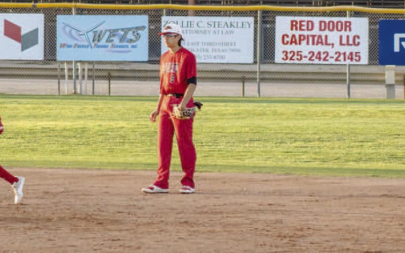 HOLDING THE RUNNER- Levelland infielders shortstop Alex Cervantes and second baseman Wyatt Baccus watched a Mustang runner during a district road game against Sweetwater. The Lobos picked up a 16-5 win over the Mustangs. Levelland is now 15-9 overall and 3-2 in district. The Lobos are tied for second in the district with Big Spring. (Photo Courtesy of Kevin Klose)