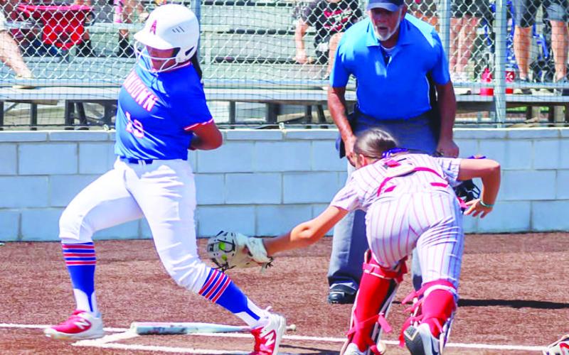 ON THE BOARD - Pictured is Sundown Roughette Paola Huerta beating the tag at home plate during game two of the semi-final championship series against the Muenster Lady Hornets this past weekend. The Roughettes swept the Lady Hornets in two games to be crowned UIL 2A Division 2 State Semi-Final Champions. (Photo courtesy of Sundown ISD)