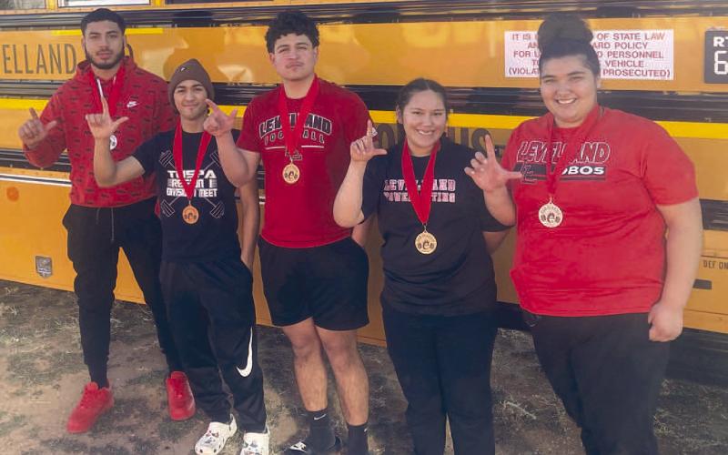 MEET MEDALIST- The Levelland High School varsity powerlifting teams competed in Brownfield last Saturday. Both teams finished fourth in the team standings. Pictured in no particular are Levelland medalist Nathan Rendon, second place; Xavier Espinoza, second place; Aiden Herrera, third place; Malaya Tienda, first place and Naylea Saucedo, second place. Not pictured is medalist Ethan Lozano. (Photo Courtesy of Cristal Isaacks)