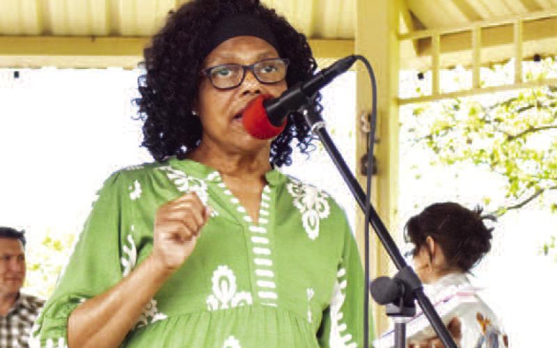 Ruby Moultrie sang “Lift Every Voice” this past Sunday at the Levelland Centennial Celebration. Community members enjoyed a free lunch and entertainment at the Gazebo. (Staff photo)