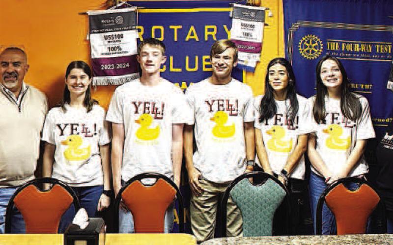 DUCK PLUCK SCHOLARSHIP FUNDRAISER --LHS YELL (Young Emerging Leaders of Levelland) presented details to the Levelland Breakfast Rotary Club about their Duck Pluck scholarship fundraiser set for May 14, with the club surpassing the Lions Clubs and Noon Rotary in duck purchases. (Levelland ISD photo)