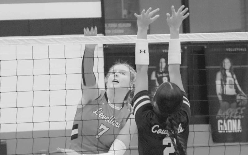 HARD HIT - Levelland Loboette Addisen Campbell spiked the ball over the net and past the Plains Cowgirls defender this past Tuesday at home. (Staff photo by Aalijah Soliz)