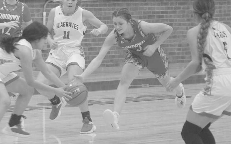 ROUGHETTE STEAL- raveled to Seagraves Friday night and returned with a 64-15 win over the Lady Eagles. Roughette Ashlyn Lara got a steal during the contest. The Roughettes closed out district play at home against Tahoka with second place on the line. (Photo Courtesy of Chris Bratcher)