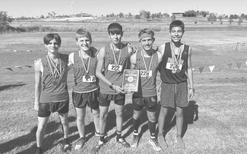 JV BOYS - The Levelland cross country team competed at Mae Simmons Park where all the teams took first and won district. Adrian Diaz, Brian Billington, Rene Franco, Kaiden Medina, Adden Luna (not pictured due to football game), Brent Billington, Johnathan Rodriguez, Javier Prieto and Eddie Castellano (Photo courtesy of Cristal Isaacks)