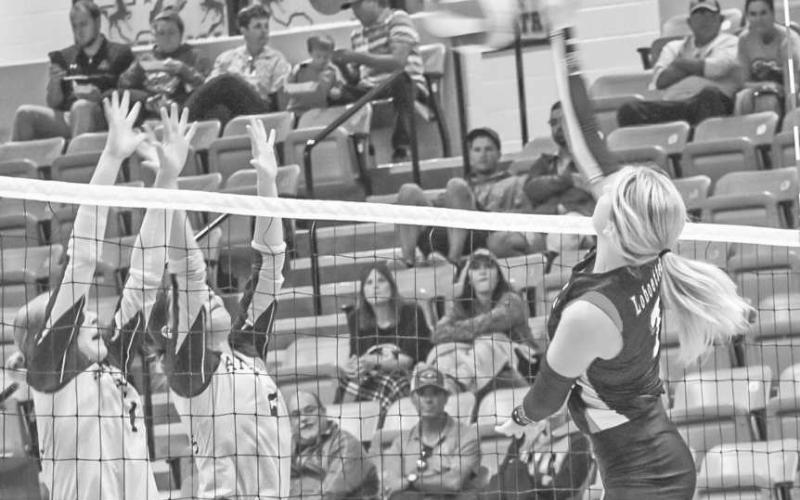 OUT OF HERE - Levelland Loboette Addisen Campbell spiked the ball during her team’s game against the Andrews Lady Mustangs this past Tuesday on the road. (Staff photo by Aalijah Soliz)