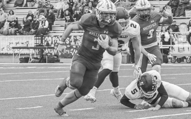 HARD RUNNING - Whiteface Antelope Ethan Kauffman ran through multiple arm-tackles to get into the endzone for his team during the semi-finals in Lamesa against Water Valley. Kauffman led his team with 344 rushing yards and six touchdowns on the day. (Staff photo by Aalijah Soliz)