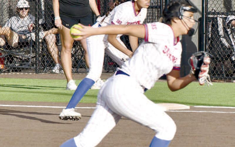 SEVEN INNING DAY- Daniella Reyna went seven innings for the Sundown Roughettes, allowing 11 runs on 14 hits with a strikeout and two walks in an 11-4 UIL Class 2A High School Bi-District Softball loss to the no. 16 Forsan Lady Buffs in Lamesa last Thursday. (Photo Courtesy of Jay Kelley)