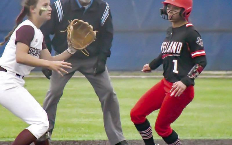 EYES ON SECOND- The Brownwood Lady Lions completed the sweep over the Levelland Loboettes at Abilene Cooper last weekend. The Loboettes ended their 2023 season 25-9. Loboette Saydi Mendez watched the second baseman as she tip-toed into second base during the contest. (Staff Photo by Dom Puente)