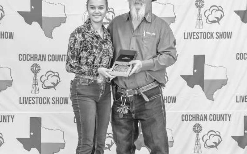 SENIOR RESERVE RABBIT SHOWMAN - Gabby Brand received a buckle donated and presentedy Billy and Sandy Roberts for winning the Senior Reserve Rabbit Showman at the Cochran County Livestock Show and Sale. (Staff Photo By Essence Childers)
