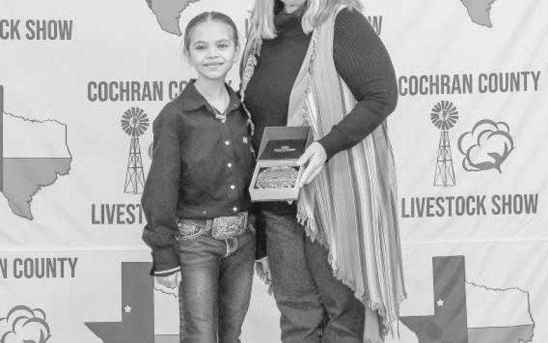 JUNIOR RESERVE LAMB SHOWMAN- Brecken Gates received a buckle donated and presented by T&amp;amp;L Farms for winning the Junior Reserve Lamb Showman at the Cochran County Livestock Show and Sale. (Staff Photo By Essence Childers)