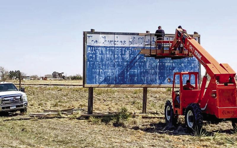 WELCOME TO LEVELLAND - The Levelland Chamber of Commerce has announced they are refurbishing a 40-year-old billboard located W. Highway 114. Pictured is an L&amp;amp;L Construction crew beginning their work on the billboard this past week. (Photo courtesy of the Levelland Chamber)