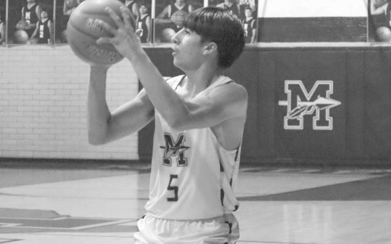 LONG RANGE - Morton Indian Alex Lopez shot the ball the three point line in the team’s win against the Lubbock Titans this past Tuesday at home. (Staff photo by Aalijah Soliz)