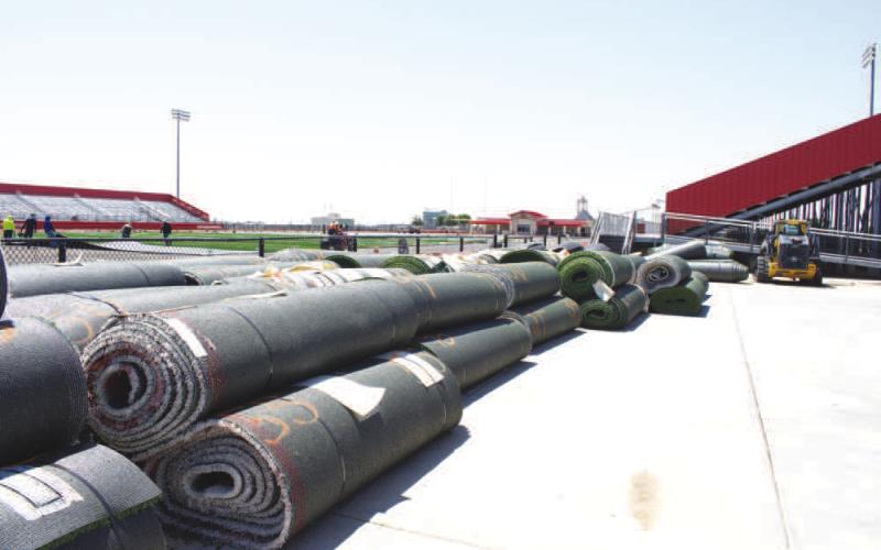 READY FOR INSTALLATION - Stacks of artificial turf await installation at Lobo Stadium during a field renovation project. The upgrade marks a significant investment in Levelland ISD's athletic facilities. (Staff photo by Trinity Bourdeaux)