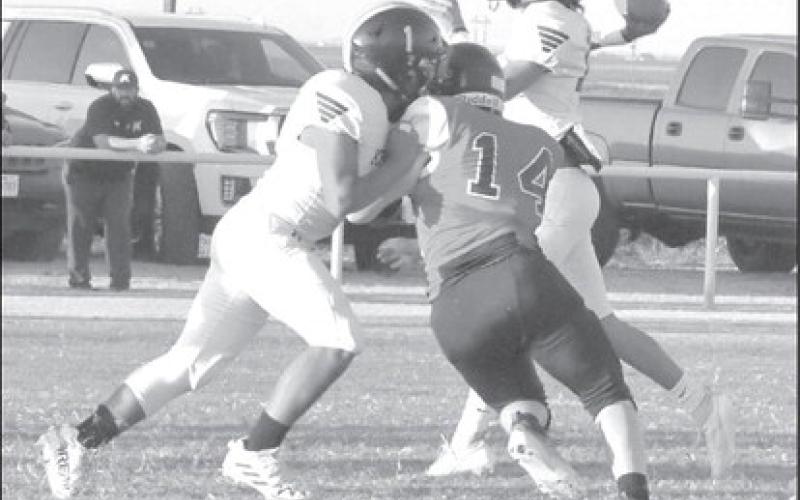 NO COMPETITION - Carson Bates put pressure on the quarterback for the visiting Kress Kangaroos in a 50-0 Whitharral Panther UIL class 1A six-man football win last Friday. The Panthers will host Silverton next Friday at 7 p.m. Last season, the owls stunned the heavily favored Panthers 34-30 in Silverton. The Owls are currently 2-0, coming off wins over Petersburg (74-61) and Paducah (64-46.) (Staff photo by Jay Kelley)