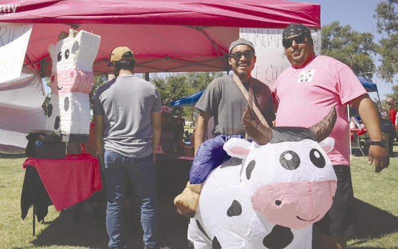 BEEF JERKY - Levelland hosted Thunder on the Plains in the early morning of last Saturday to show off the cool cars in the area. Pictured above was one of the food stands that was out there all day “Valerie’s Beef Jerky” with Jakob Hernandez in the cow costume and Vince Hernandez.