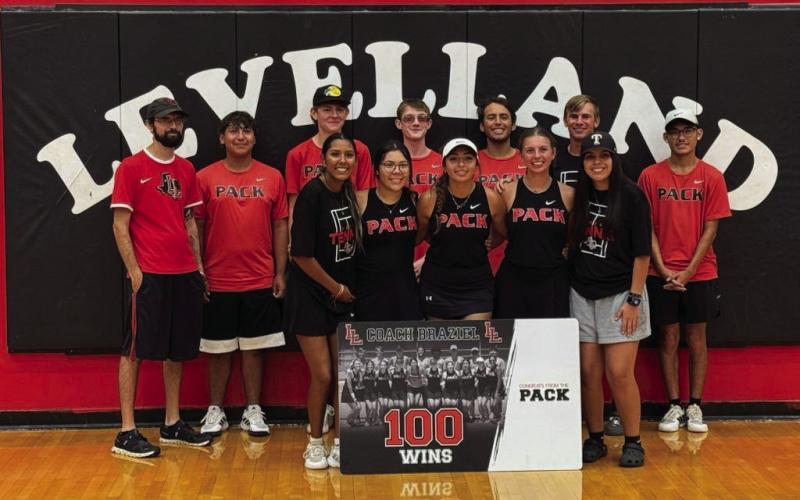 TRIPLE-DIGIT WINS - Levelland Tennis Head Coach Jeffrey Braziel earned his 100th win as the Lobos coach on September 13 during a match at home against Lamesa. (Photo provided by Levelland ISD)
