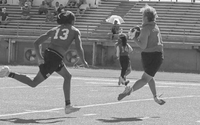 CATCH IN STRIDE - Levelland Lobo Kaden Brogden caught the ball in stride during the team’s 7 on 7 game against Estacado this Monday in Lubbock. Brogden continues to work on his receiving skills before heading into two-a-days in August. Before being injured last mid-season, Brogden solidifed himself as one of the top offensive threats for the Lobos. (Staff photo by Aalijah Soliz)