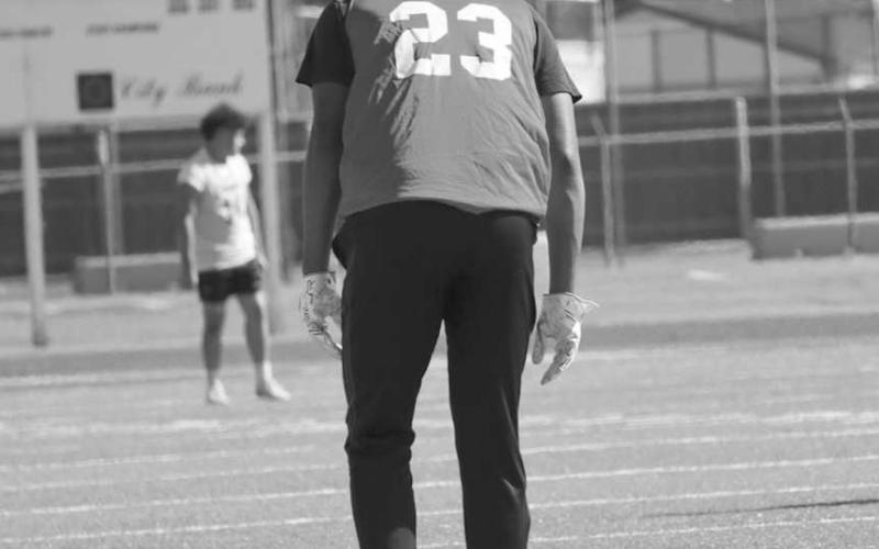 MAN COVERAGE - Levelland Lobo Sean Landrum dropped back in coverage during the team’s 7 on 7 game against Estacado and Coronado this Monday in Lubbock. Landrum has made significant strides on both sides of the ball in receiving core and defensive backfield for the Levelland Lobos. Landrum will be looked at as one of the anchors for the Lobos heading into the next season. (Staff photo by Aalijah Soliz)